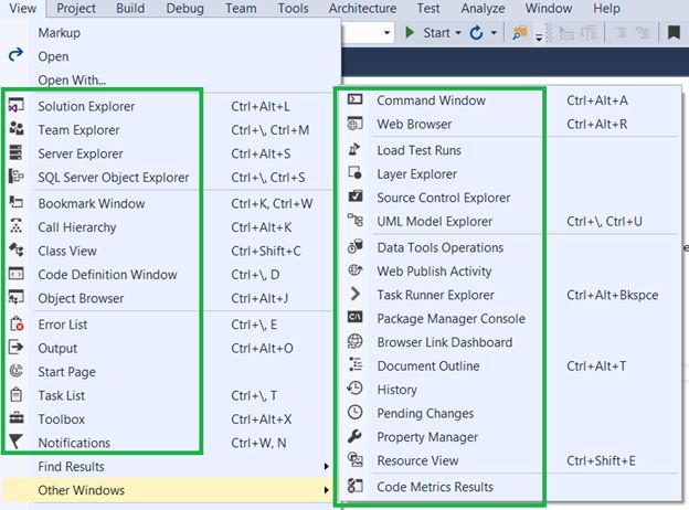 Visual Studio 2015 View Menu
